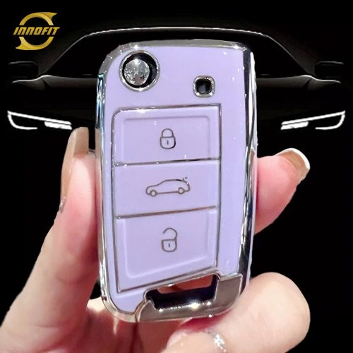 VOA1T1-Purple-Silver Plating- Car Key Cover For Volkswagen skoda SEAT