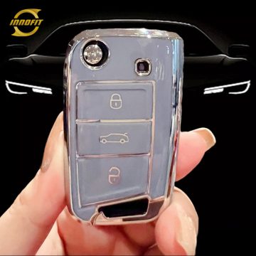 VOA1T1-Light Blue-Silver Plating- Car Key Cover For Volkswagen skoda SEAT