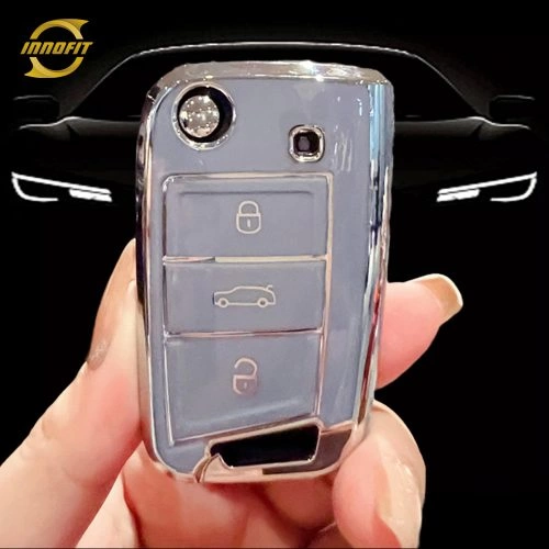 VOA1T1-Light Blue-Silver Plating- Car Key Cover For Volkswagen skoda SEAT