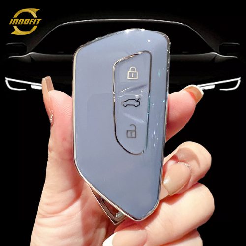 VOC1T1-Azul claro-Placa prateada- Capa para chave de carro para Volkswagen skoda