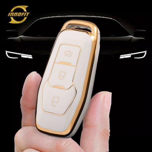 FOU3T1-White-Gold Plating- Car Key Cover For Ford