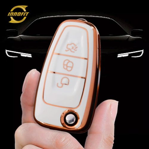 FOD1T1-White-Gold Plating- Car Key Cover For Ford