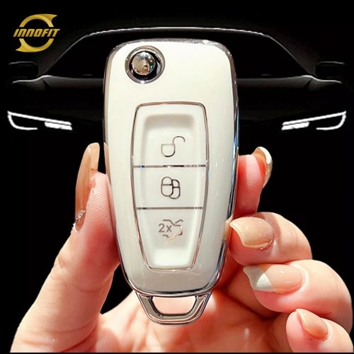 FOD1T1-White-Silver Plating- Car Key Cover For Ford