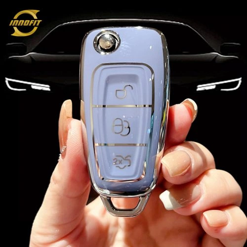 FOD1T1-Light Blue-Silver Plating- Car Key Cover For Ford