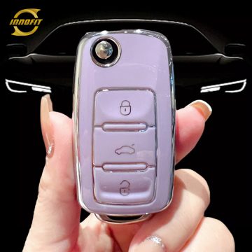 VOB1T1-Purple-Silver Plating- Car Key Cover For Volkswagen SEAT skoda