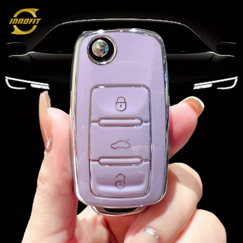 VOB1T1-Purple-Silver Plating- Car Key Cover For Volkswagen SEAT skoda