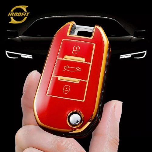 PUB1T1-Red-Gold Plating- Car Key Cover For Peugeot