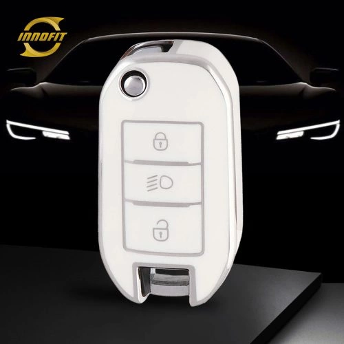 PUB2T1-White-Silver Plating- Car Key Cover For Peugeot