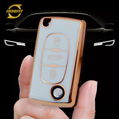 PUE1T1-White-Gold Plating- Car Key Cover For Peugeot