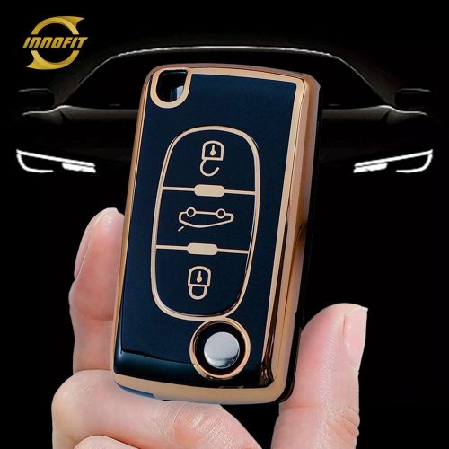 PUE1T1-Black-Gold Plating- Car Key Cover For Peugeot