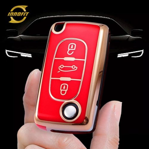 PUE1T1-Red-Gold Plating- Car Key Cover For Peugeot