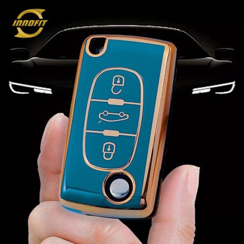 PUE1T1-Granny Grey-Gold Plating- Car Key Cover For Peugeot