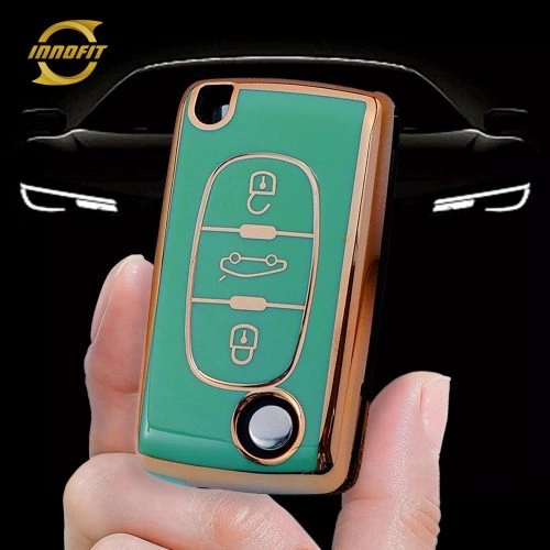 PUE1T1-Green-Gold Plating- Car Key Cover For Peugeot