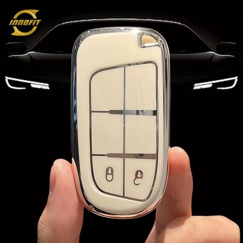 JEA2T1-Beyaz-Gümüş Kaplama-Jeep Dodge Chrysler için Araba Anahtarı Kapağı