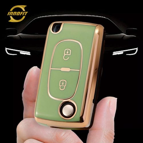 PUE2T1-Green-Gold Plating- Car Key Cover For Peugeot Fiat
