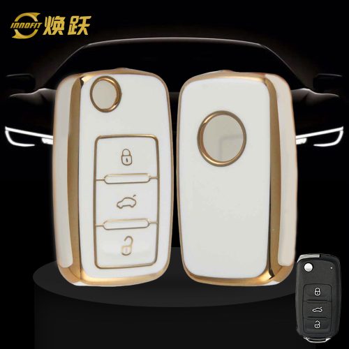 VOB1T1-White-Gold Plating- Car Key Cover For Volkswagen SEAT skoda