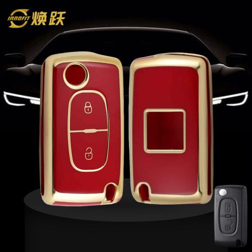 PUE2T1-Vermelho-Dourado- Capa para chave de carro para Peugeot Fiat