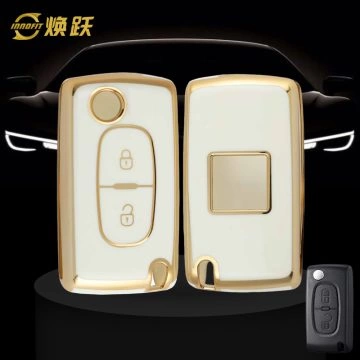 PUE2T1-White-Gold Plating- Car Key Cover For Peugeot Fiat