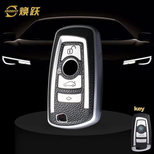 BMC1T1-Black Leather Silver- Car Key Cover For BMW