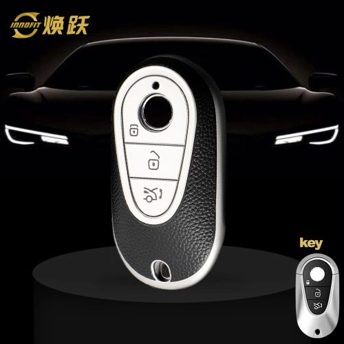 MEA1T1-Black Leather Silver- Car Key Cover For Mercedes-Benz
