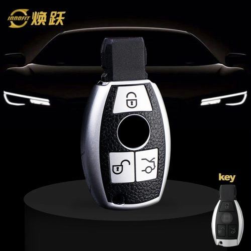 MEC1T1-Couro preto Prata- Capa para chave de carro para Mercedes-Benz