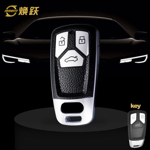 AUA1T1-Couro preto Prata- Capa para chave de carro para Audi