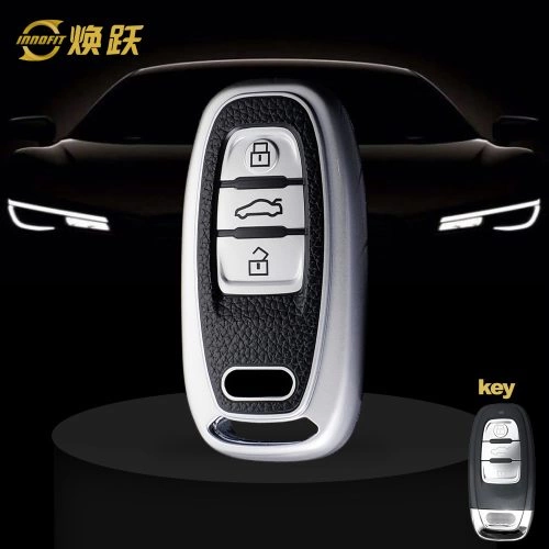 AUB1T1-Black Leather Silver- Car Key Cover For Audi