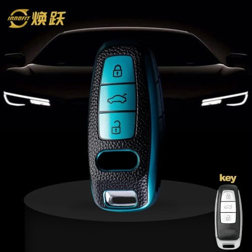 AUC1T1- 블랙 가죽 그린- 아우디용 자동차 키 커버