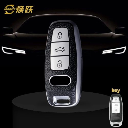 AUC1T1-Black Leather Silver- Car Key Cover For Audi