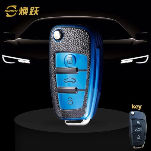 AUD1T1-Black Leather Blue- Car Key Cover For Audi