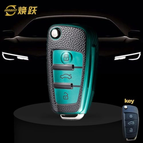 AUD1T1-Black Leather Green- Car Key Cover For Audi