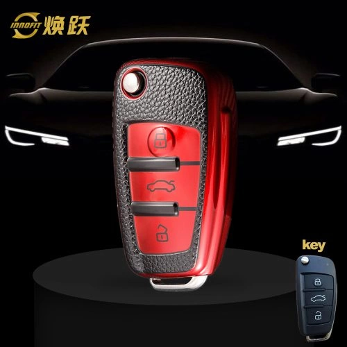 AUD1T1-Black Leather Red- Car Key Cover For Audi