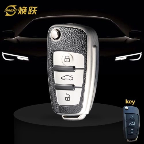 AUD1T1-Black Leather Silver- Car Key Cover For Audi