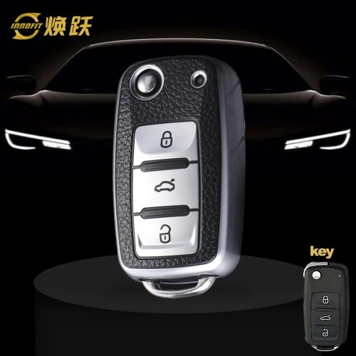 VOB1T1-Black Leather Silver- Car Key Cover For Volkswagen