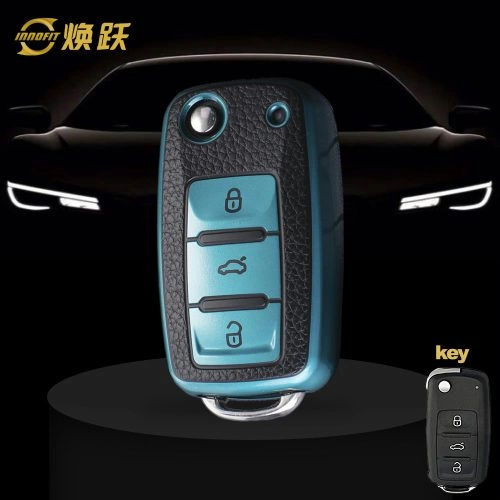 VOB1T1-Black Leather Green- Car Key Cover For Volkswagen