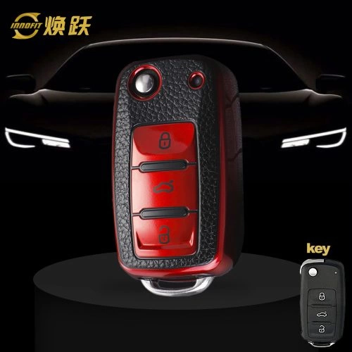 VOB1T1-Black Leather Red- Car Key Cover For Volkswagen