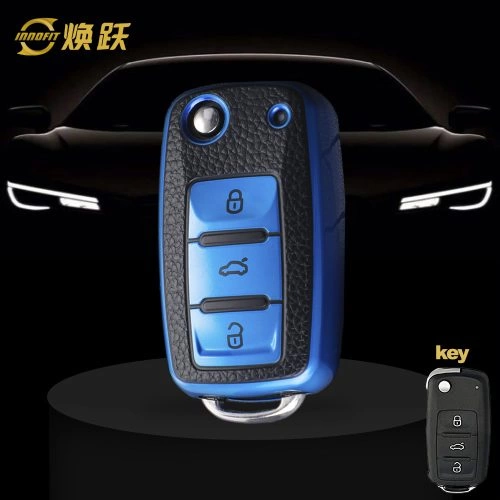 VOB1T1-Black Leather Blue- Car Key Cover For Volkswagen