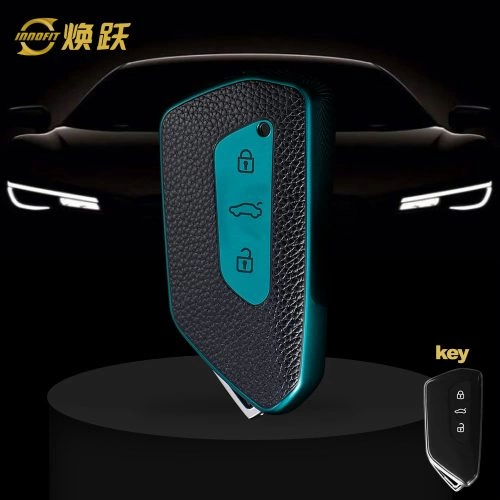 VOC1T1-Black Leather Green- Car Key Cover For Volkswagen