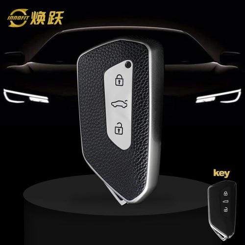 VOC1T1-Black Leather Silver- Car Key Cover For Volkswagen