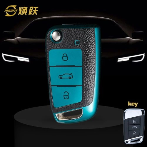 VOD1T1-Black Leather Green- Car Key Cover For Volkswagen