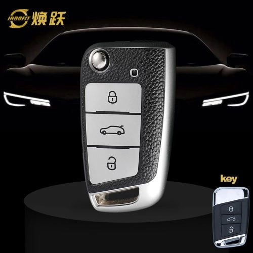 VOD1T1-Black Leather Silver- Car Key Cover For Volkswagen