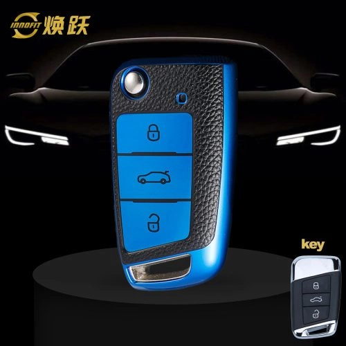 VOD1T1-Black Leather Blue- Car Key Cover For Volkswagen
