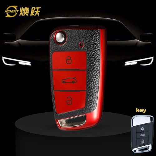 VOD1T1-Black Leather Red- Car Key Cover For Volkswagen