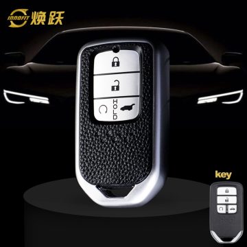 HOA5T1-Black Leather Silver- Car Key Cover For Honda
