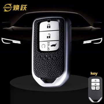 HOA5T1-Black Leather Silver- Car Key Cover For Honda
