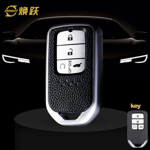 HOA5T1-Black Leather Silver- Car Key Cover For Honda