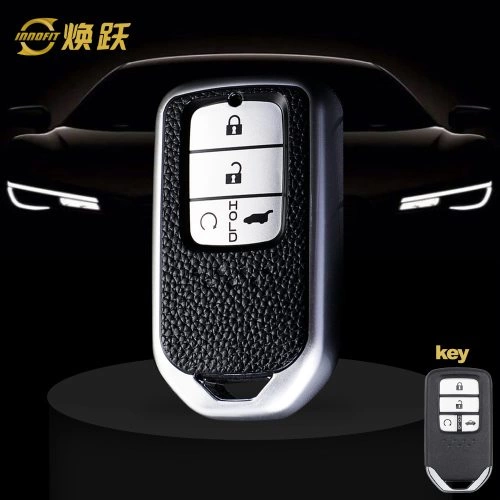 HOA5T1-Black Leather Silver- Car Key Cover For Honda