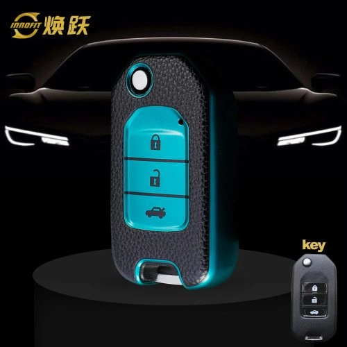 HOC1T1-Black Leather Green- Car Key Cover For Honda