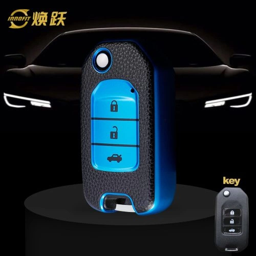 HOC1T1-Couro preto Azul- Capa para chave de carro para Honda