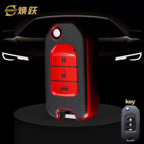 HOC1T1-Black Leather Red- Car Key Cover For Honda